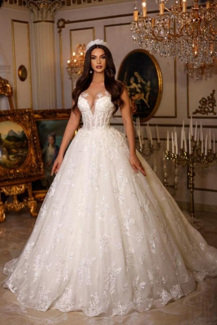 Novos vestidos de noiva elegantes, longos, com decote em V, sem mangas e renda