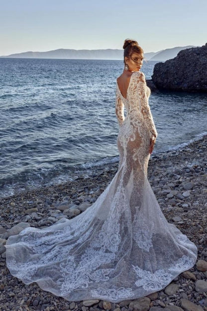 Nouvelles robes de mariée longues en dentelle sirène à manches longues