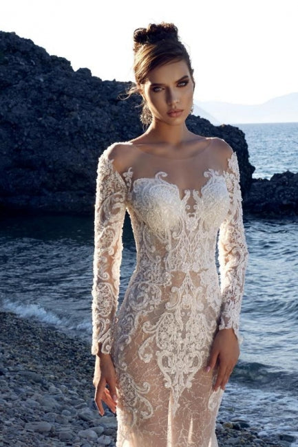 Nouvelles robes de mariée longues en dentelle sirène à manches longues