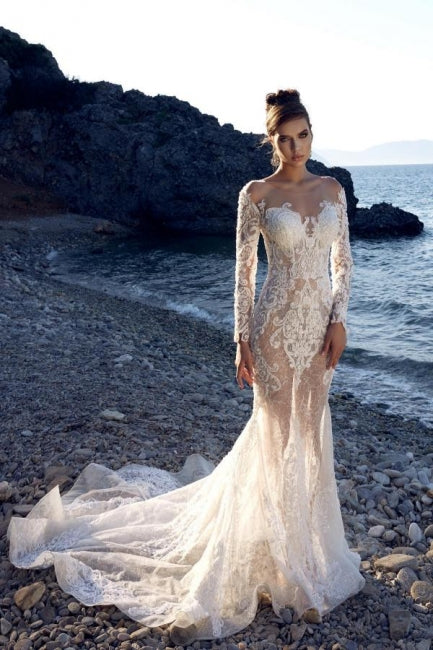 Nouvelles robes de mariée longues en dentelle sirène à manches longues