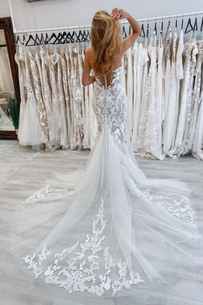 Nouvelles robes de mariée longues sirène à épaules dénudées en dentelle sans manches