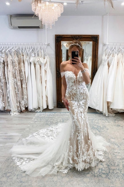 Nouvelles robes de mariée longues sirène à épaules dénudées en dentelle sans manches