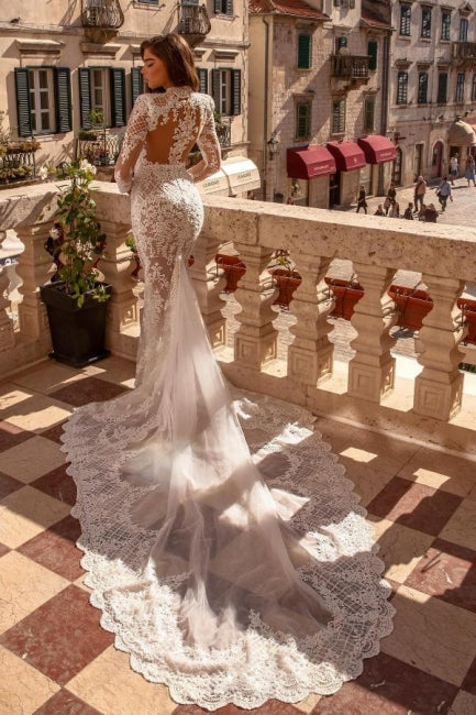 Exquisite High Neck Mermaid Lace Bridal Gown With Long Sleeves
