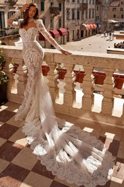 Exquisite High Neck Mermaid Lace Bridal Gown With Long Sleeves