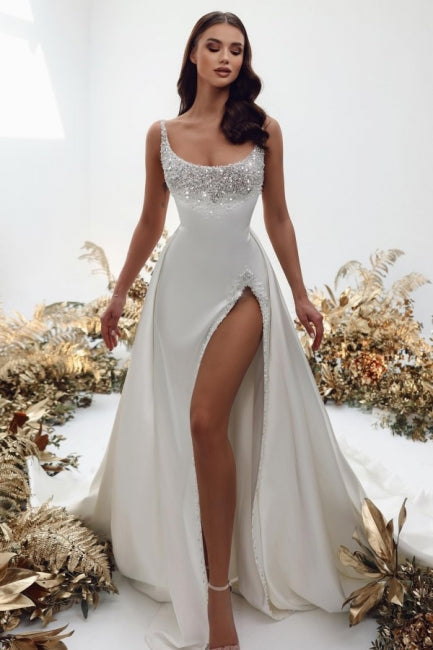 Vestido de novia de satén con corte A, sin mangas y con perlas, de estilo noble cuadrado