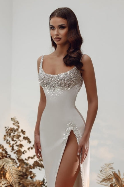 Vestido de novia de satén con corte A, sin mangas y con perlas, de estilo noble cuadrado