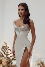 Noble Square Neck Sleeveless A Line Satin Wedding Gown With Pearls