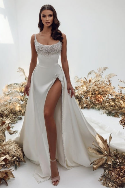Vestido de novia de satén con corte A, sin mangas y con perlas, de estilo noble cuadrado