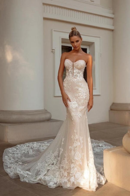 Luxurious Sweetheart Sleeveless Mermaid Lace Bridal Gown For Wedding Dress