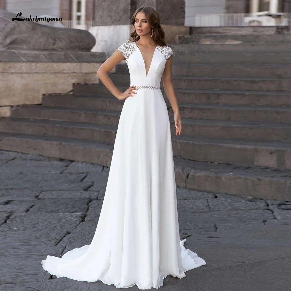 Robes Femme Modestes Robe de Mariée Ligne A Été 2025 Simple Col en V Dos Nu Robes de Mariage Plage Longue Traîne