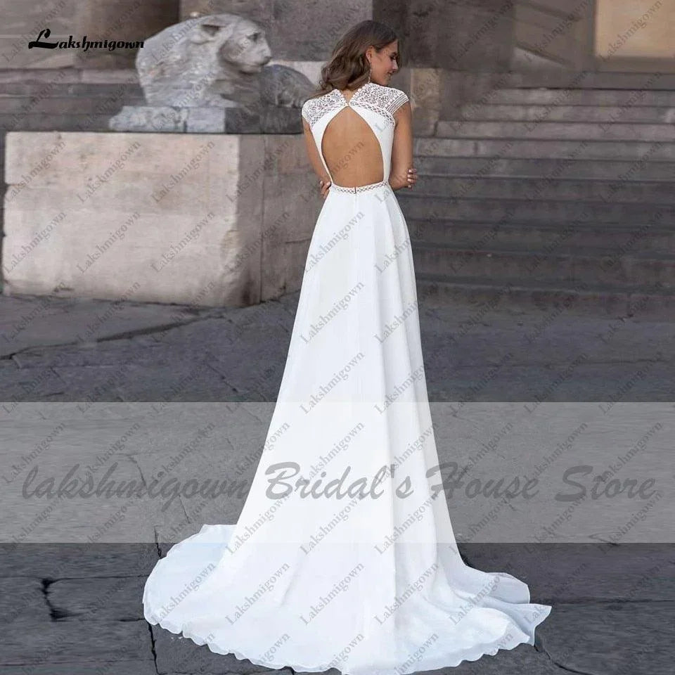 Robes Femme Modestes Robe de Mariée Ligne A Été 2025 Simple Col en V Dos Nu Robes de Mariage Plage Longue Traîne
