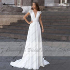 Robes Femme Modestes Robe de Mariée Ligne A Été 2025 Simple Col en V Dos Nu Robes de Mariage Plage Longue Traîne