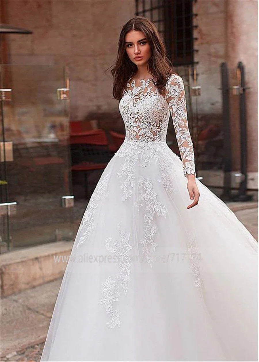 Vestido de Noiva Sunnderly Atraente com Decote de Joia em Tule, Corpete Transparente, Saia em Linha A, Aplicações de Renda e Bordados com Contas, Mangas Compridas