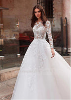 Vestido de Noiva Sunnderly Atraente com Decote de Joia em Tule, Corpete Transparente, Saia em Linha A, Aplicações de Renda e Bordados com Contas, Mangas Compridas