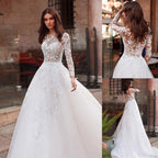 Vestido de Noiva Sunnderly Atraente com Decote de Joia em Tule, Corpete Transparente, Saia em Linha A, Aplicações de Renda e Bordados com Contas, Mangas Compridas