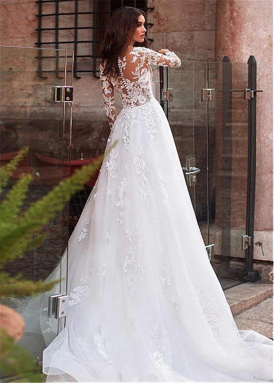 Vestido de Noiva Sunnderly Atraente com Decote de Joia em Tule, Corpete Transparente, Saia em Linha A, Aplicações de Renda e Bordados com Contas, Mangas Compridas