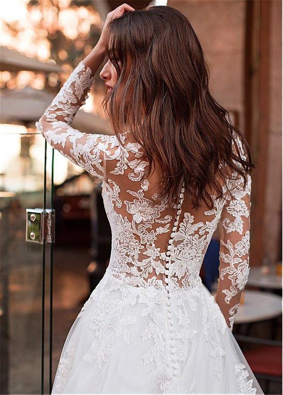 Vestido de Noiva Sunnderly Atraente com Decote de Joia em Tule, Corpete Transparente, Saia em Linha A, Aplicações de Renda e Bordados com Contas, Mangas Compridas