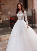 Vestido de Noiva Sunnderly Atraente com Decote de Joia em Tule, Corpete Transparente, Saia em Linha A, Aplicações de Renda e Bordados com Contas, Mangas Compridas