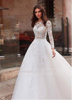 Vestido de Noiva Sunnderly Atraente com Decote de Joia em Tule, Corpete Transparente, Saia em Linha A, Aplicações de Renda e Bordados com Contas, Mangas Compridas