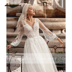 Abiti da sposa principessa boho a linea ad A, scollo a V, maniche lunghe a lanterna, abito da sera semplice, abito da sposa da spiaggia, vestiti da sposa