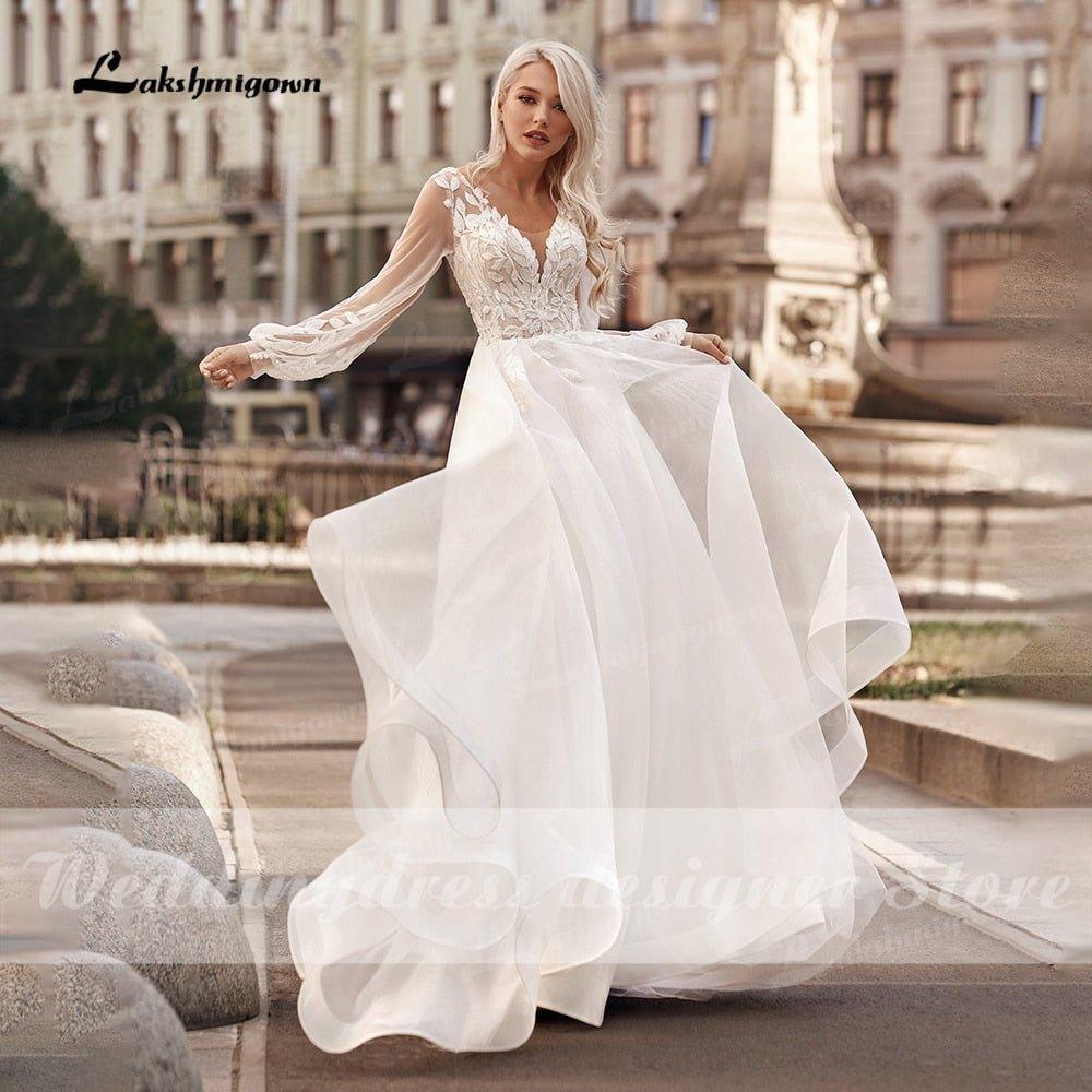 Abiti da sposa principessa boho a linea ad A, scollo a V, maniche lunghe a lanterna, abito da sera semplice, abito da sposa da spiaggia, vestiti da sposa