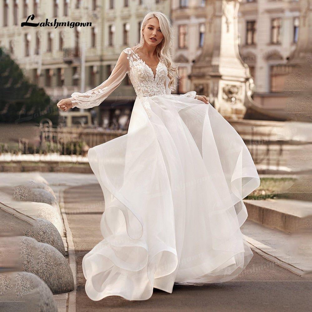 Abiti da sposa principessa boho a linea ad A, scollo a V, maniche lunghe a lanterna, abito da sera semplice, abito da sposa da spiaggia, vestiti da sposa