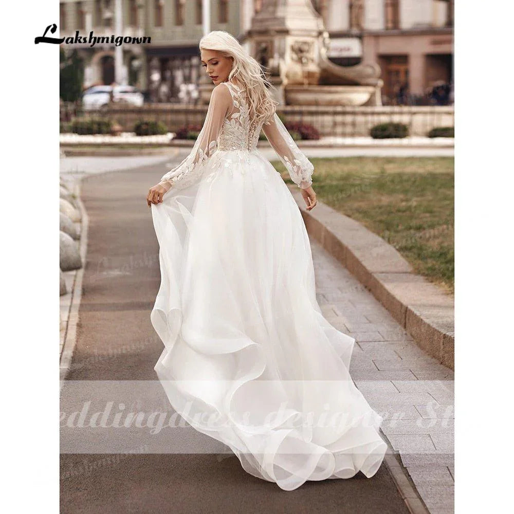 Abiti da sposa principessa boho a linea ad A, scollo a V, maniche lunghe a lanterna, abito da sera semplice, abito da sposa da spiaggia, vestiti da sposa