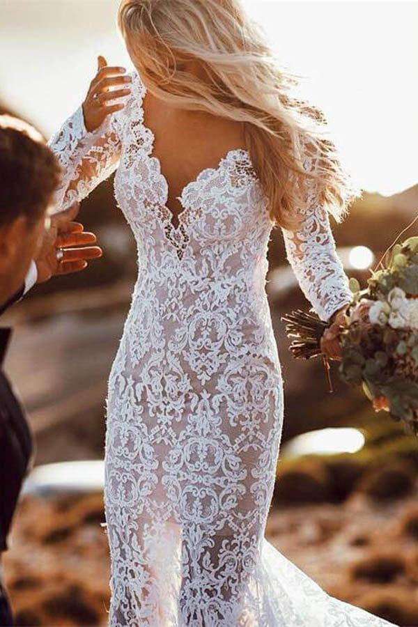 Incantevole abito da sposa rustico a sirena con maniche lunghe in pizzo trasparente MW266
