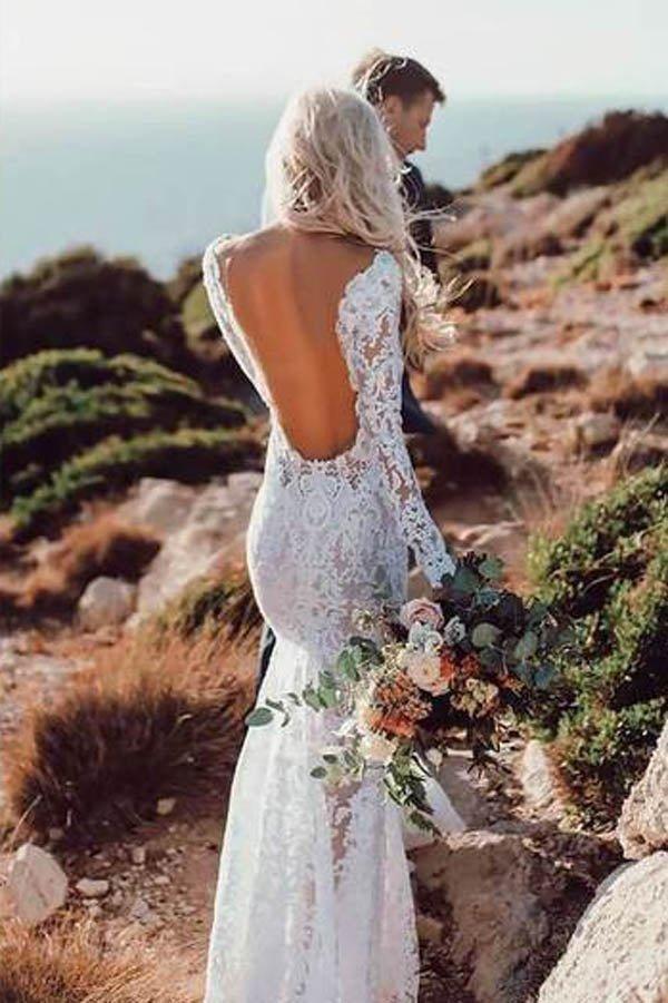 Incantevole abito da sposa rustico a sirena con maniche lunghe in pizzo trasparente MW266