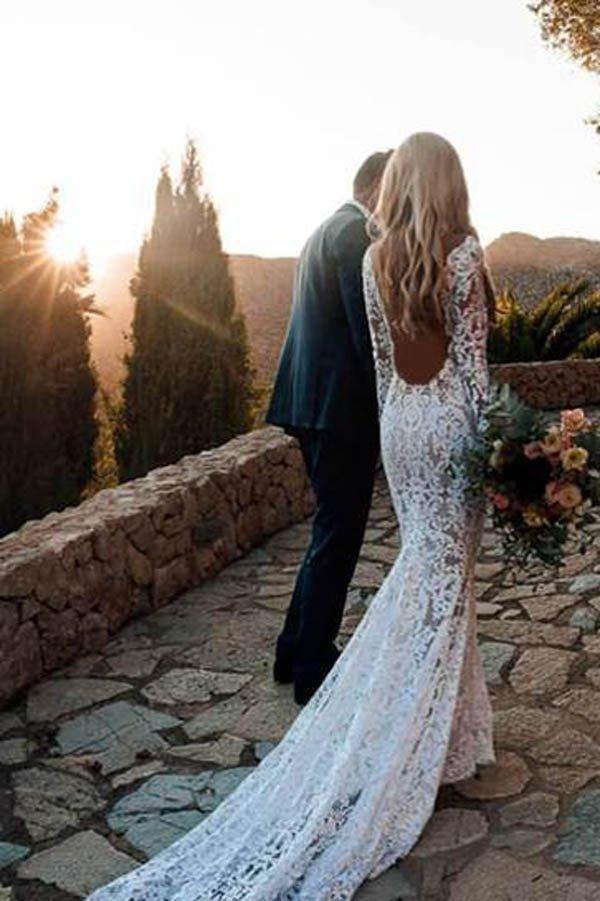 Incantevole abito da sposa rustico a sirena con maniche lunghe in pizzo trasparente MW266
