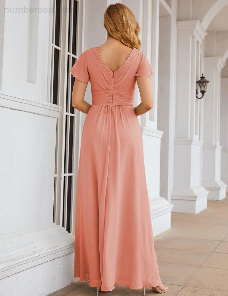 Vestido de Dama de Honra em Chiffon Numbersea, Mangas Curtas, Vestido Longo para Baile, Festa, Casamento, Vestidos para a Mãe da Noiva para Mulheres SEA28047