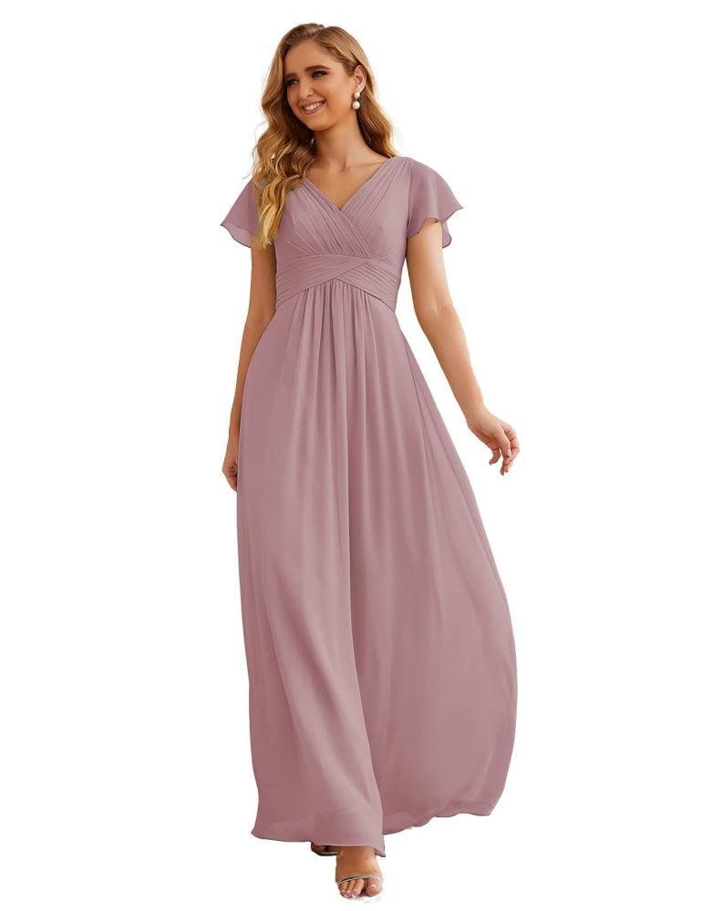 Vestido de Dama de Honra em Chiffon Numbersea, Mangas Curtas, Vestido Longo para Baile, Festa, Casamento, Vestidos para a Mãe da Noiva para Mulheres SEA28047