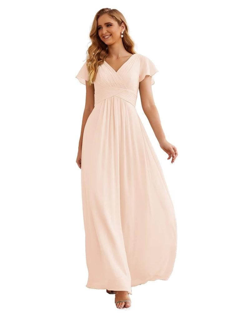 Vestido de Dama de Honra em Chiffon Numbersea, Mangas Curtas, Vestido Longo para Baile, Festa, Casamento, Vestidos para a Mãe da Noiva para Mulheres SEA28047