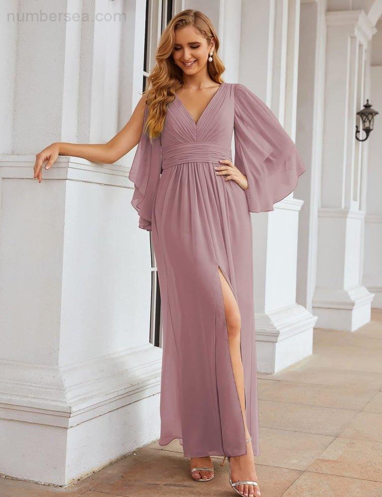 Robes de demoiselle d'honneur en mousseline Numbersea avec fente pour femmes Mariage Longue robe de soirée à manches volantes SEA28045