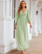 Robes de demoiselle d'honneur en mousseline Numbersea avec fente pour femmes Mariage Longue robe de soirée à manches volantes SEA28045