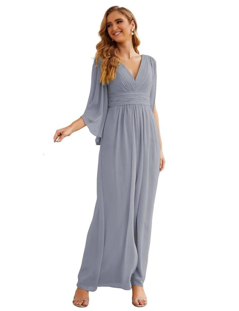 Vestidos de Dama de Honra em Chiffon Numbersea com Fenda para Mulher Vestido Longo de Casamento Festa Baile Manga Sino SEA28045