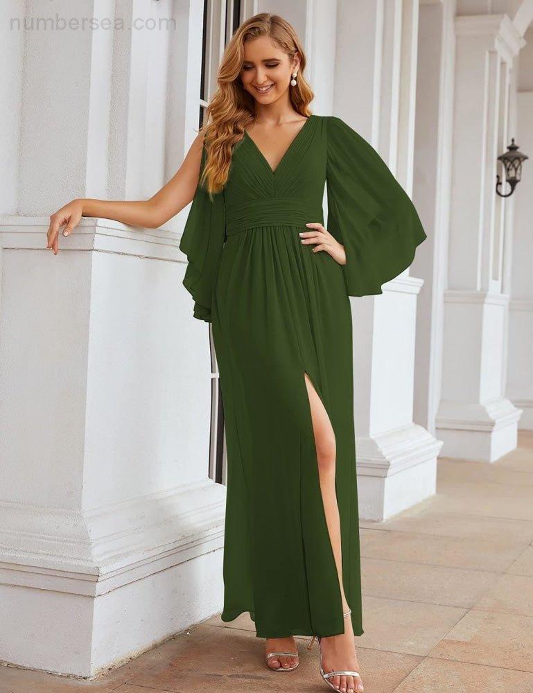 Robes de demoiselle d'honneur en mousseline Numbersea avec fente pour femmes Mariage Longue robe de soirée à manches volantes SEA28045