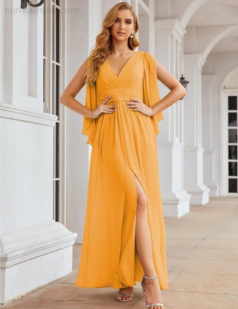 Robes de demoiselle d'honneur en mousseline Numbersea avec fente pour femmes Mariage Longue robe de soirée à manches volantes SEA28045