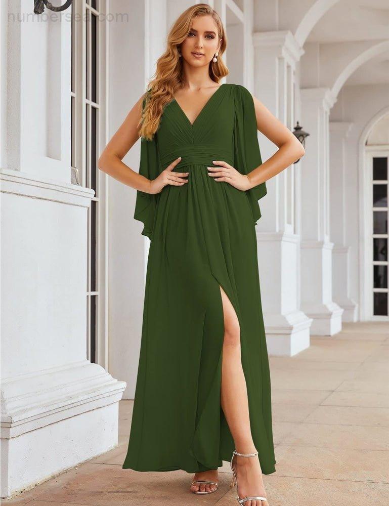 Robes de demoiselle d'honneur en mousseline Numbersea avec fente pour femmes Mariage Longue robe de soirée à manches volantes SEA28045