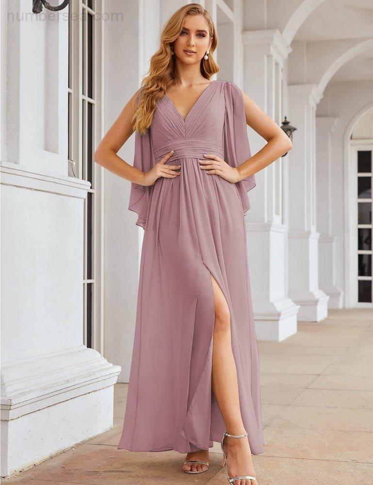 Robes de demoiselle d'honneur en mousseline Numbersea avec fente pour femmes Mariage Longue robe de soirée à manches volantes SEA28045