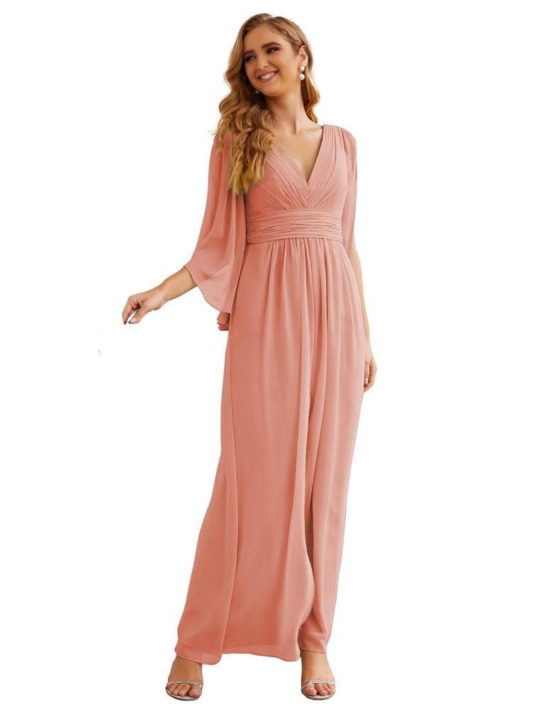 Vestidos de Dama de Honra em Chiffon Numbersea com Fenda para Mulher Vestido Longo de Casamento Festa Baile Manga Sino SEA28045