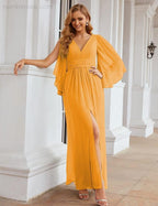 Robes de demoiselle d'honneur en mousseline Numbersea avec fente pour femmes Mariage Longue robe de soirée à manches volantes SEA28045