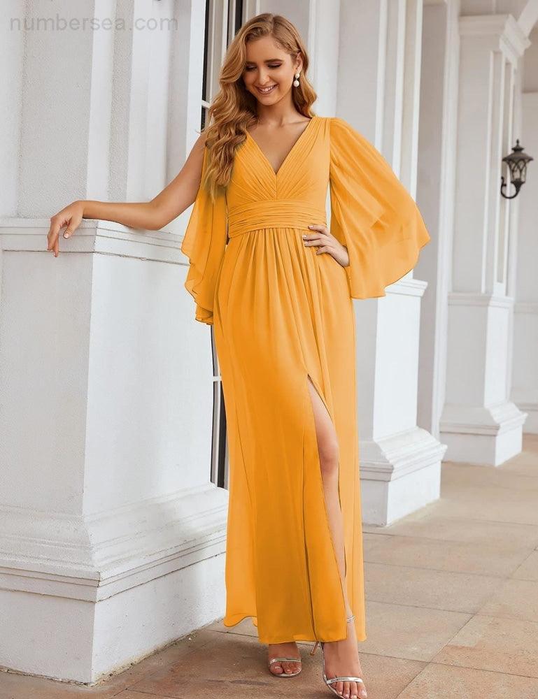 Robes de demoiselle d'honneur en mousseline Numbersea avec fente pour femmes Mariage Longue robe de soirée à manches volantes SEA28045