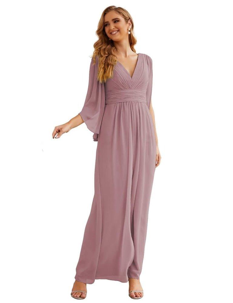 Vestidos de Dama de Honra em Chiffon Numbersea com Fenda para Mulher Vestido Longo de Casamento Festa Baile Manga Sino SEA28045