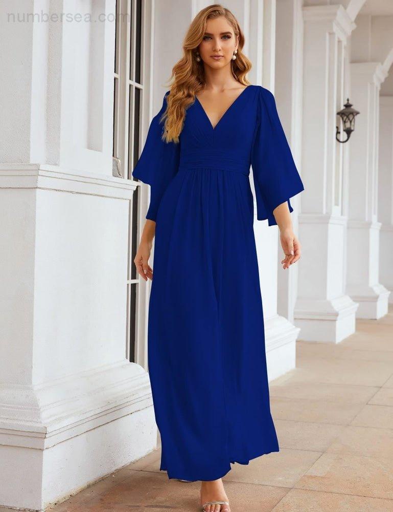 Robes de demoiselle d'honneur en mousseline Numbersea avec fente pour femmes Mariage Longue robe de soirée à manches volantes SEA28045