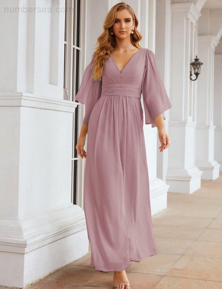 Robes de demoiselle d'honneur en mousseline Numbersea avec fente pour femmes Mariage Longue robe de soirée à manches volantes SEA28045