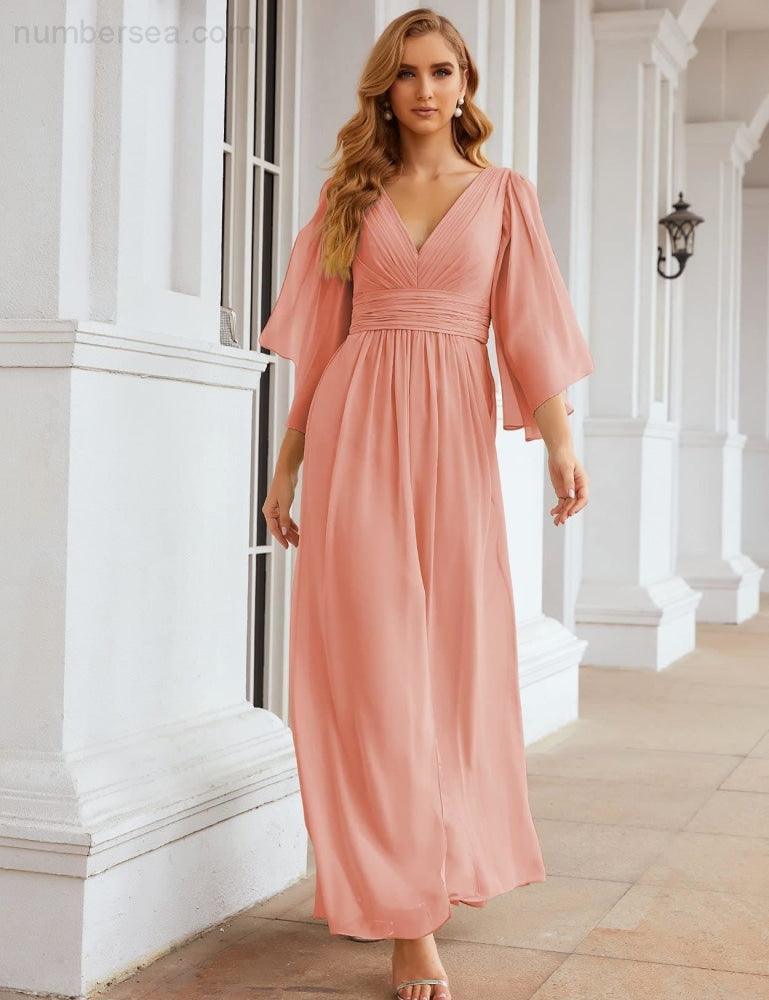 Vestidos de Dama de Honra em Chiffon Numbersea com Fenda para Mulher Vestido Longo de Casamento Festa Baile Manga Sino SEA28045