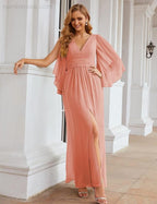 Robes de demoiselle d'honneur en mousseline Numbersea avec fente pour femmes Mariage Longue robe de soirée à manches volantes SEA28045