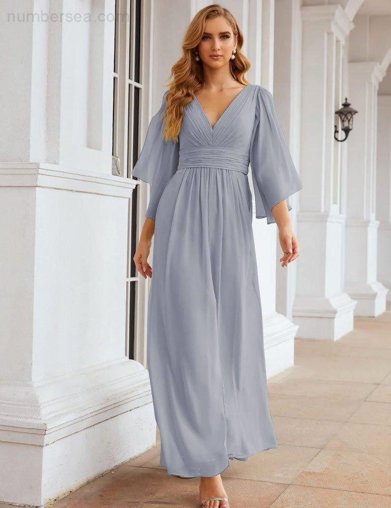 Robes de demoiselle d'honneur en mousseline Numbersea avec fente pour femmes Mariage Longue robe de soirée à manches volantes SEA28045