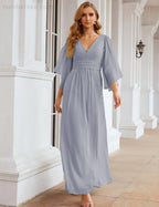 Robes de demoiselle d'honneur en mousseline Numbersea avec fente pour femmes Mariage Longue robe de soirée à manches volantes SEA28045